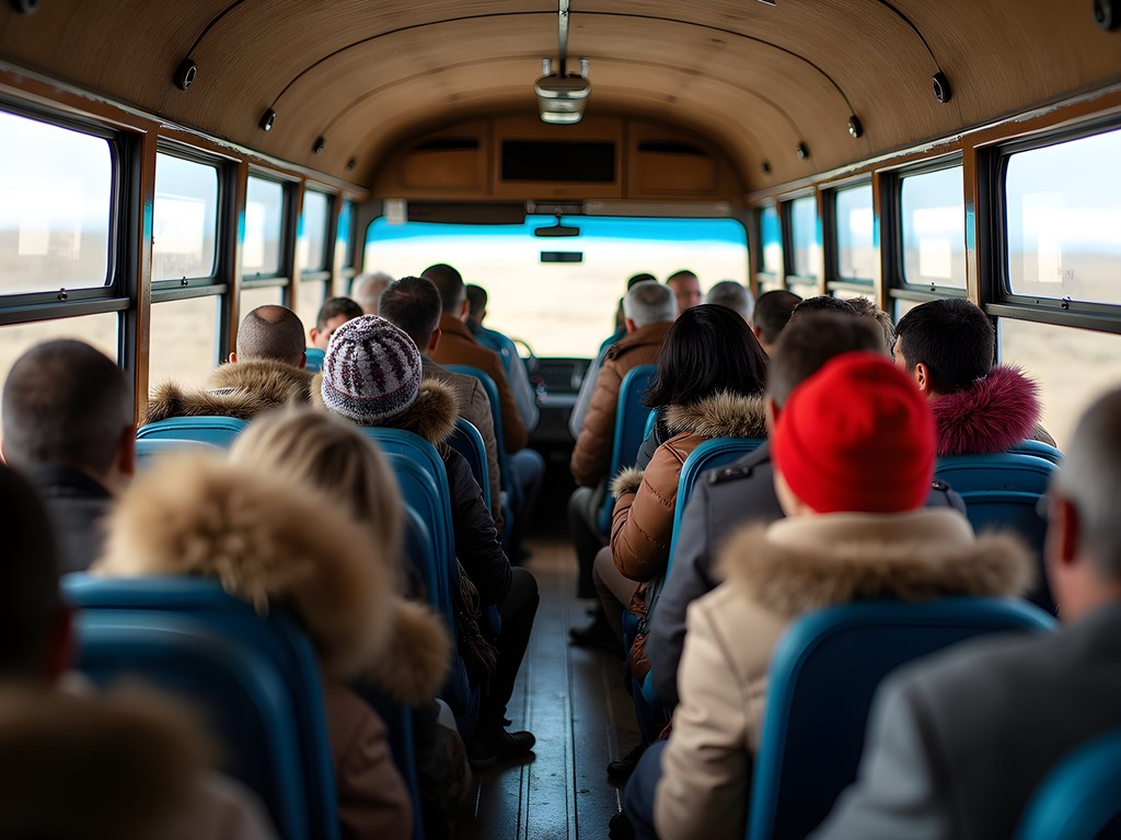 Authentic public transportation in Mongolia with locals and travelers heading to Karakorum region
