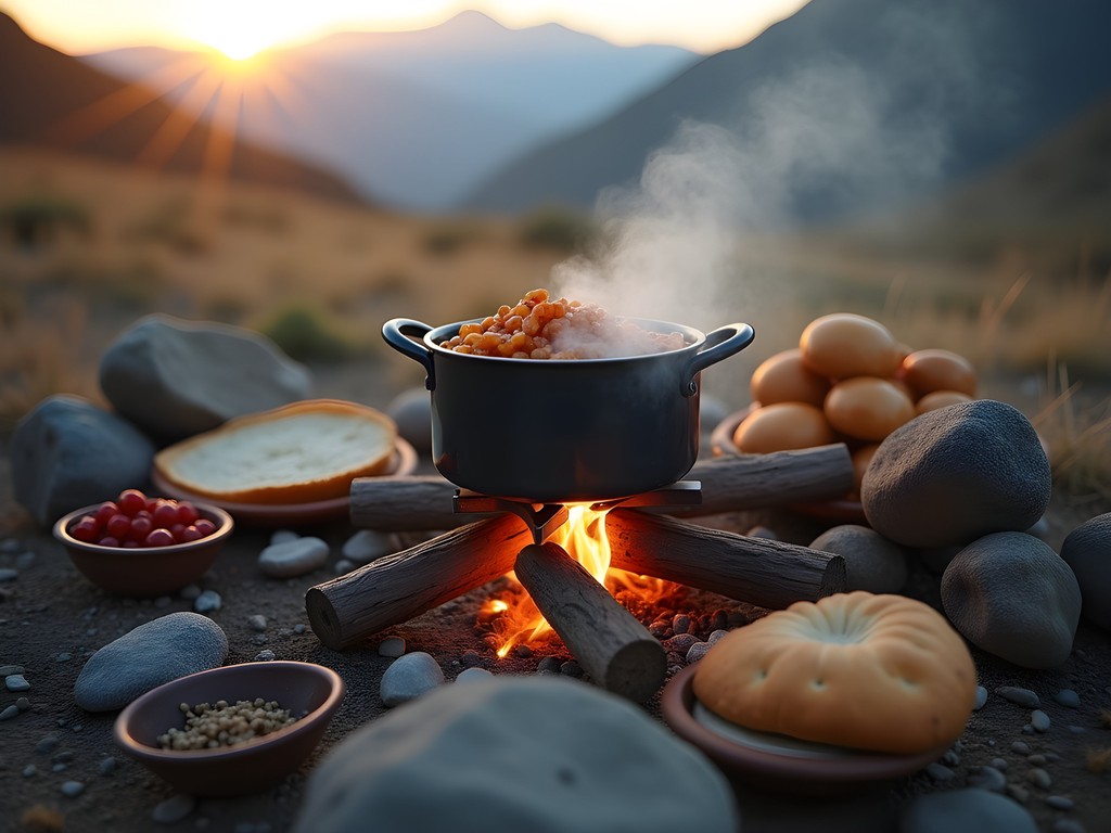 Cooking a meal at campsite in Karakorum Mountains with traditional and modern trail food