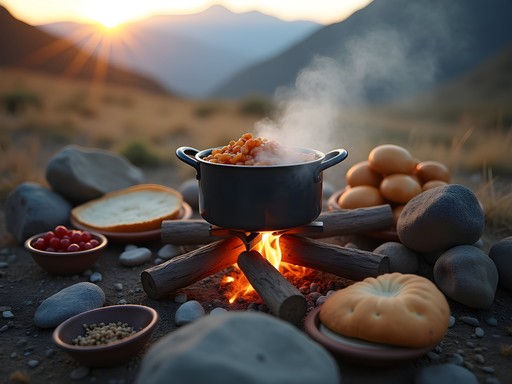 Cooking a meal at campsite in Karakorum Mountains with traditional and modern trail food