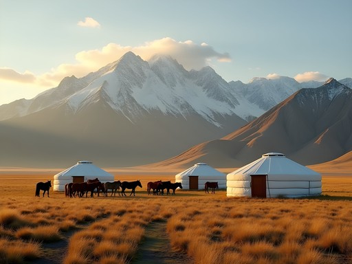 Traditional nomadic camp in Mongolia's Orkhon Valley with mountains in background