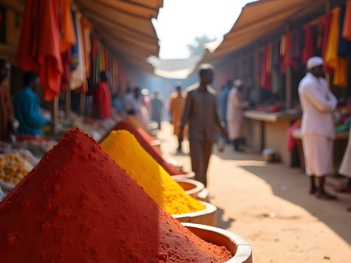 Vibrant Kassala market with colorful spices, textiles and local vendors