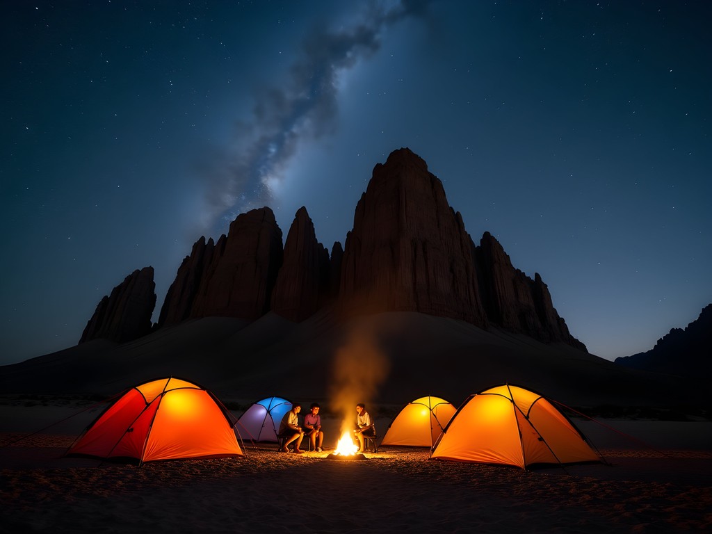 Nighttime camping beneath Taka Mountains with starry sky and tents