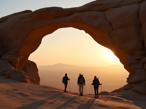 Hikers silhouetted against natural rock arch in Taka Mountains with vast desert landscape beyond