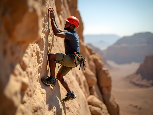 Technical rock climbing on vertical granite face in Taka Mountains, Sudan