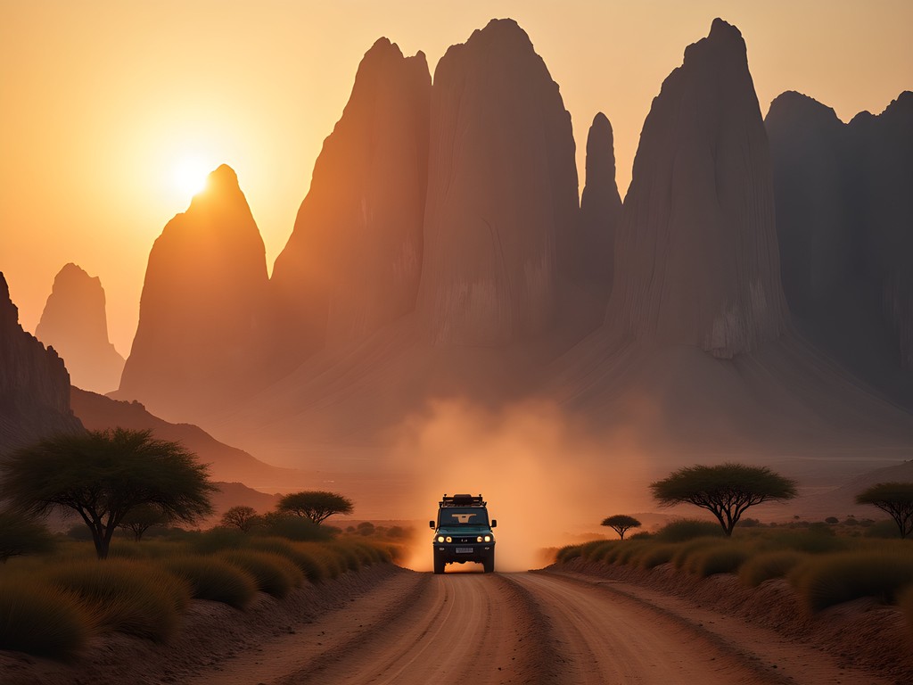 Dramatic granite formations of Taka Mountains at sunset with approaching 4x4 vehicle