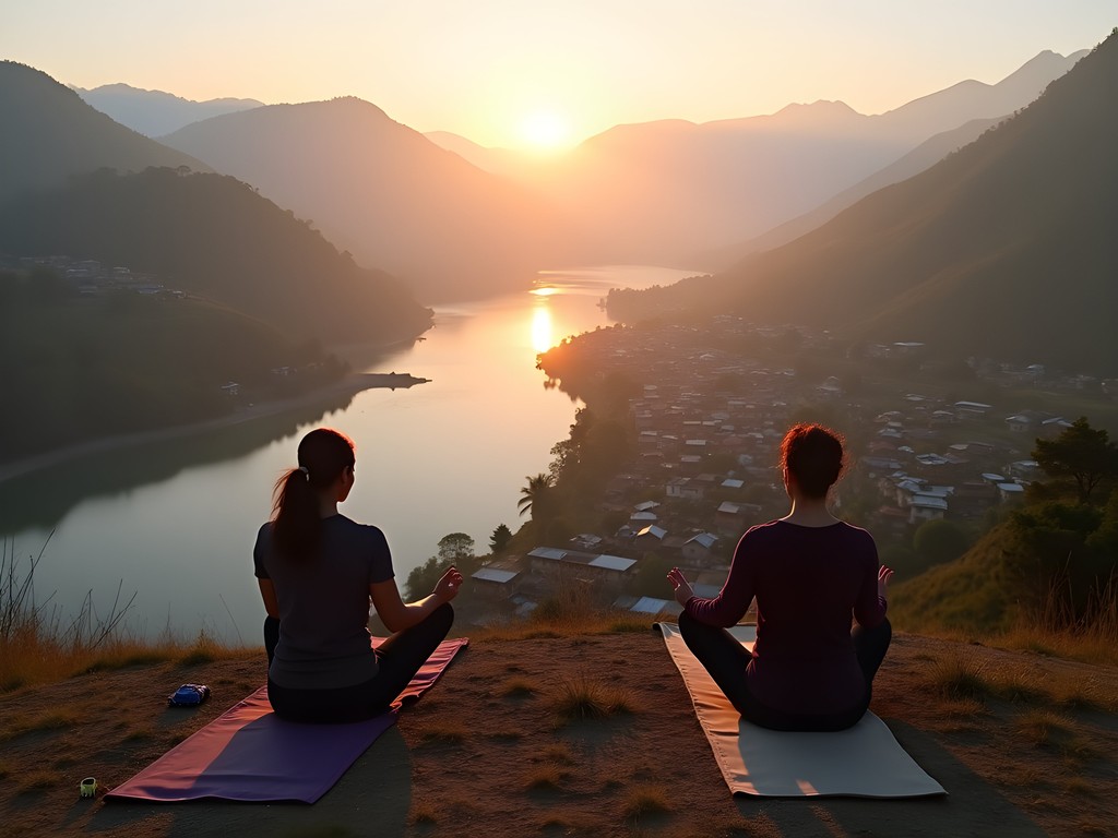 Woman practicing yoga at sunrise overlooking river confluence near Balthali village
