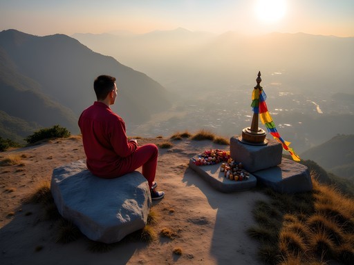 Woman meditating on Champadevi summit with prayer flags and valley views