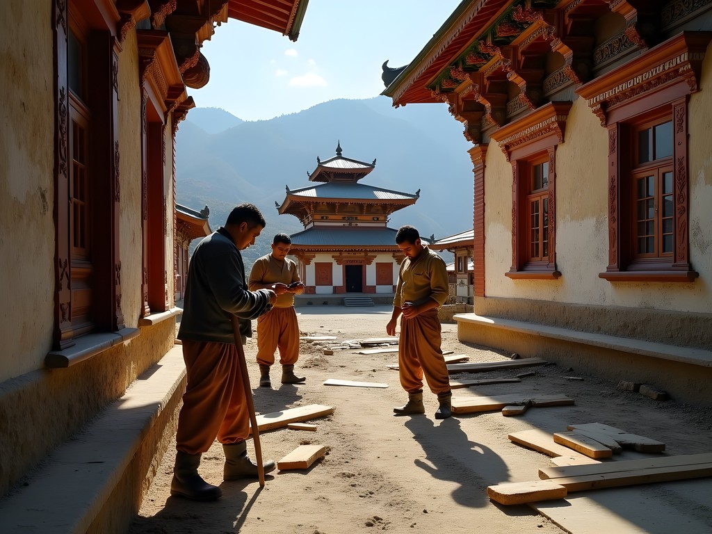 Traditional craftsmen rebuilding monastery with sacred geometric principles in Helambu region