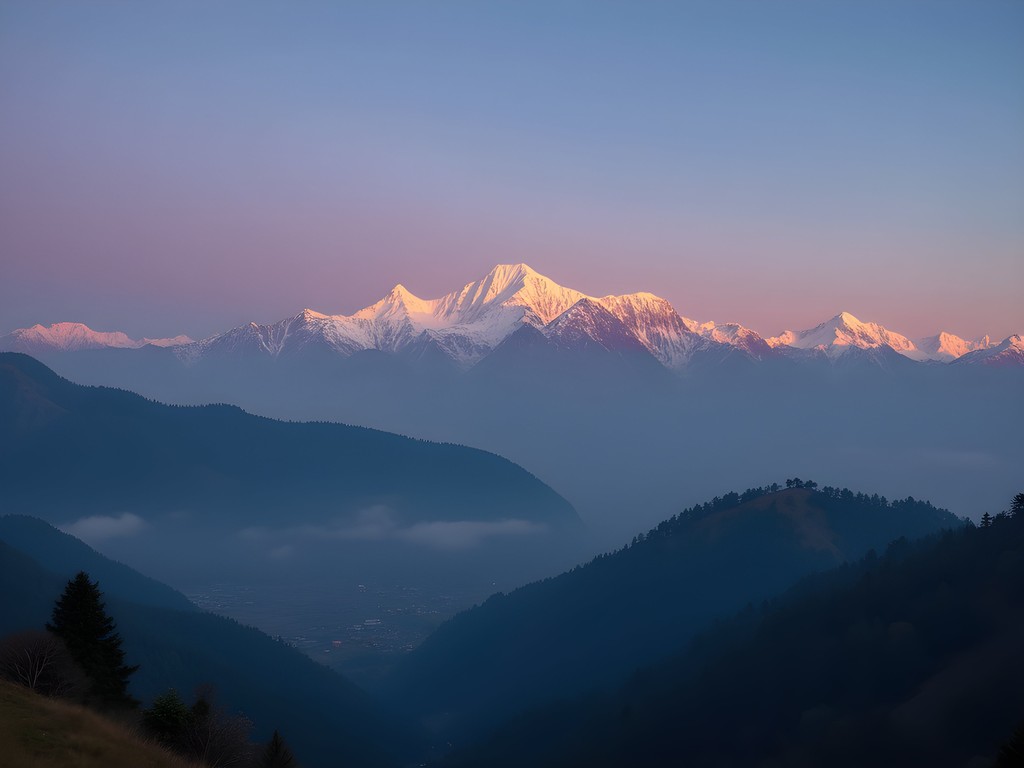 Spectacular sunrise over Himalayan mountain range viewed from Nagarkot ridge