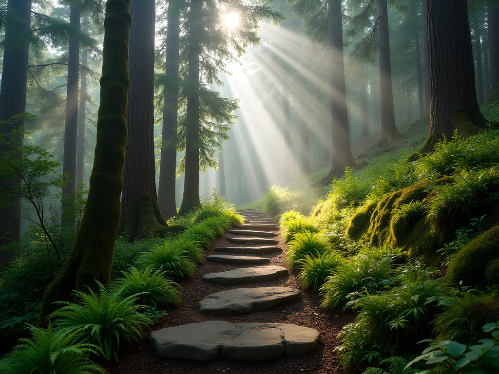 Lush green forest trail in Shivapuri National Park with sunlight filtering through trees