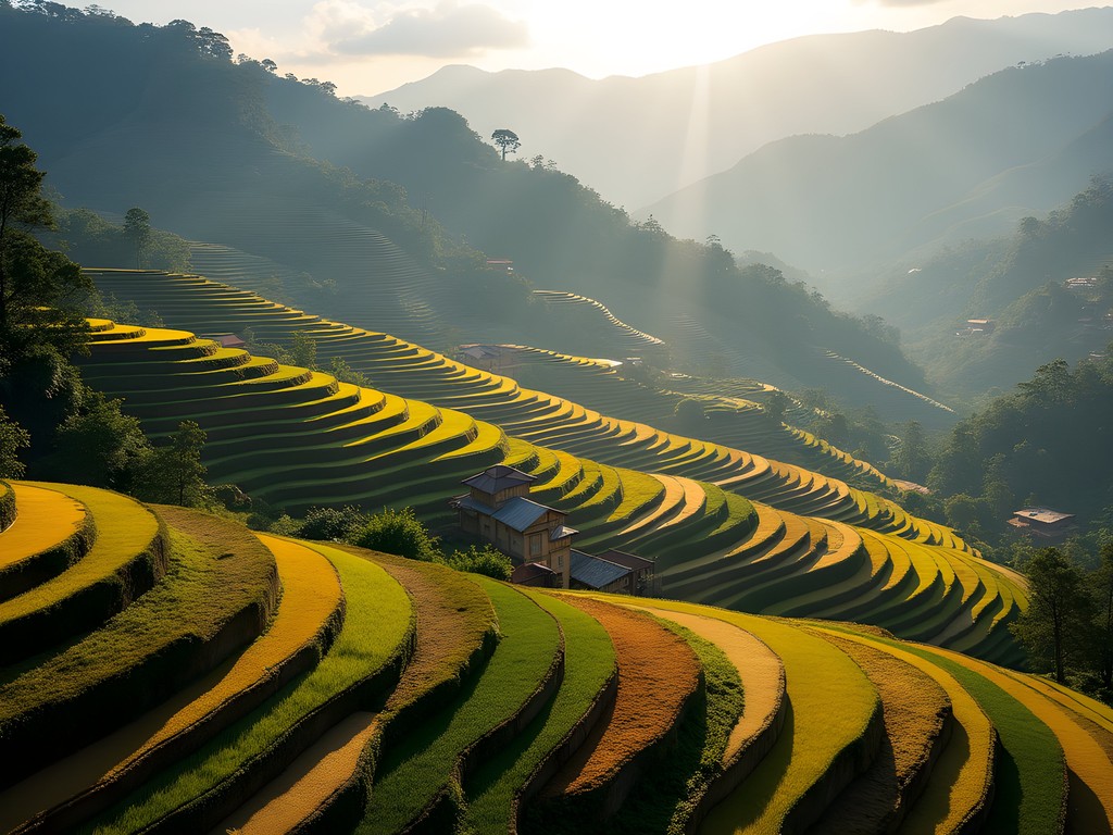Stunning geometric patterns of terraced agricultural fields on hillsides near Kakani