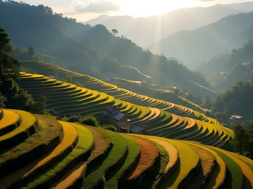Stunning geometric patterns of terraced agricultural fields on hillsides near Kakani