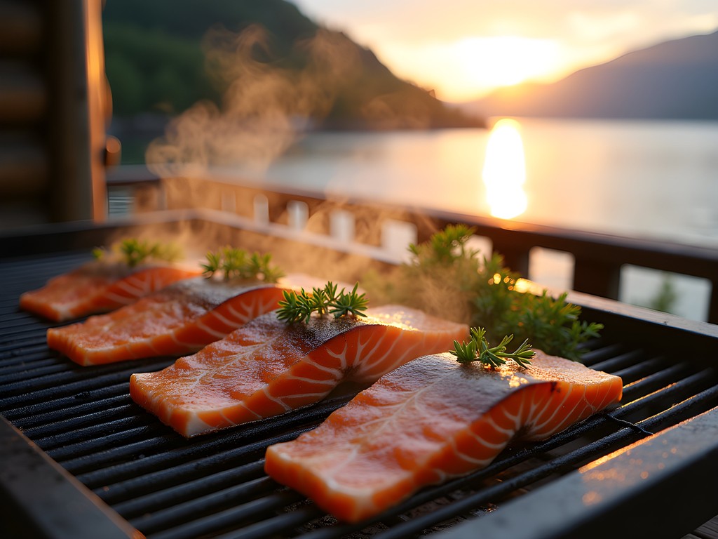 Fresh-caught salmon being prepared on grill at sunset with Alaskan fjord view