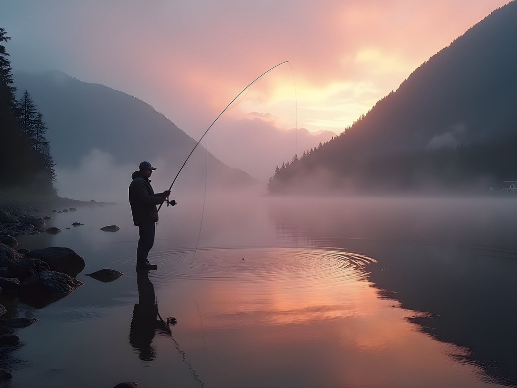 Misty sunrise at Herring Cove with fisherman casting line into calm waters