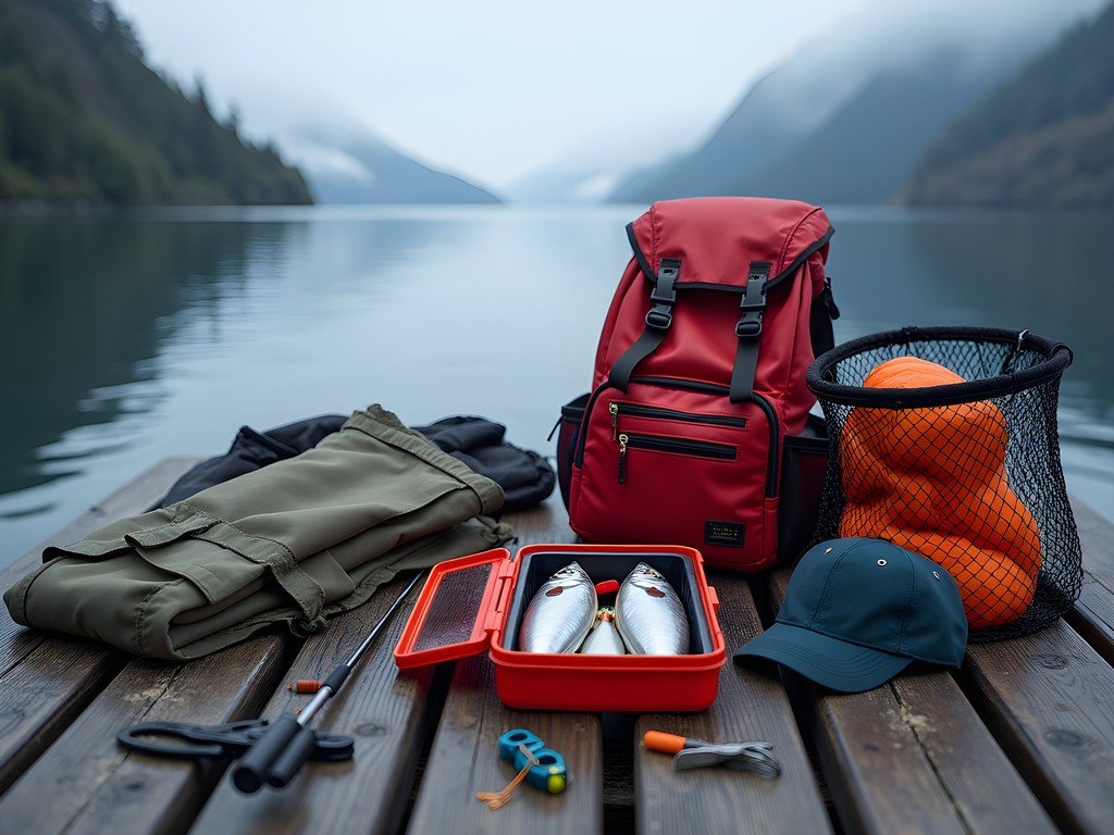 Essential fishing gear laid out on wooden dock with Alaskan landscape background