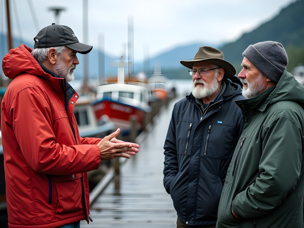Traveler conversing with local Alaskan fishermen on wooden dock with fishing boats in background