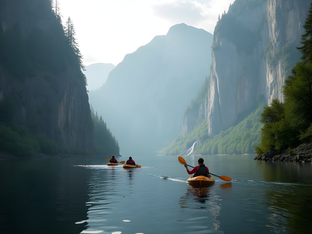 Kayaking through dramatic granite cliffs of Misty Fjords National Monument in Ketchikan