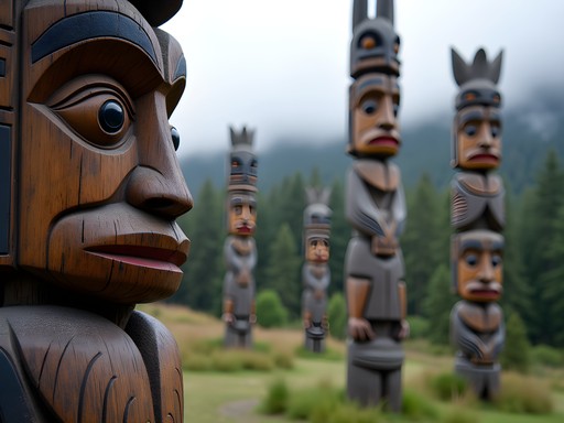 Ancient totem poles at Saxman Native Village near Ketchikan with misty forest backdrop