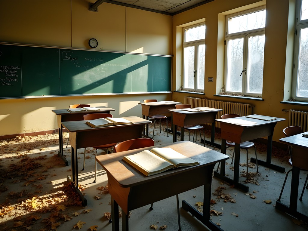 Abandoned classroom in Pripyat school with autumn light streaming through windows