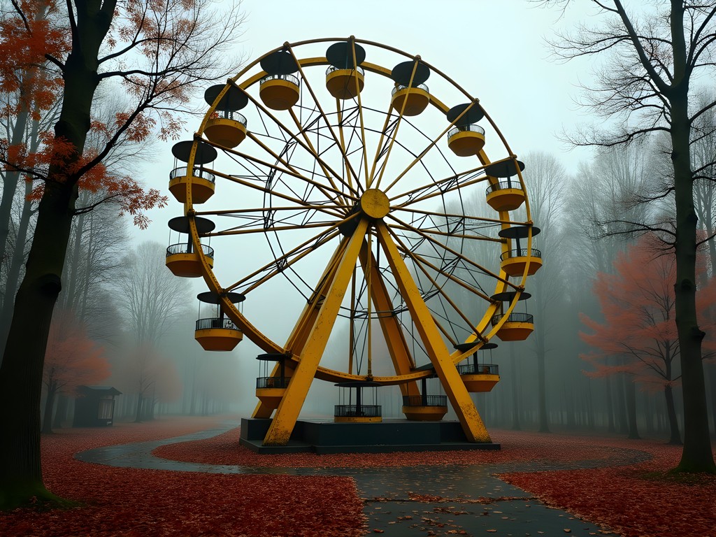 Abandoned Ferris wheel in Pripyat surrounded by fall foliage