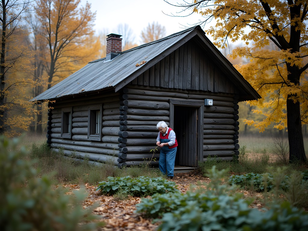 Elderly resettler's home in Chernobyl Exclusion Zone with traditional Ukrainian garden