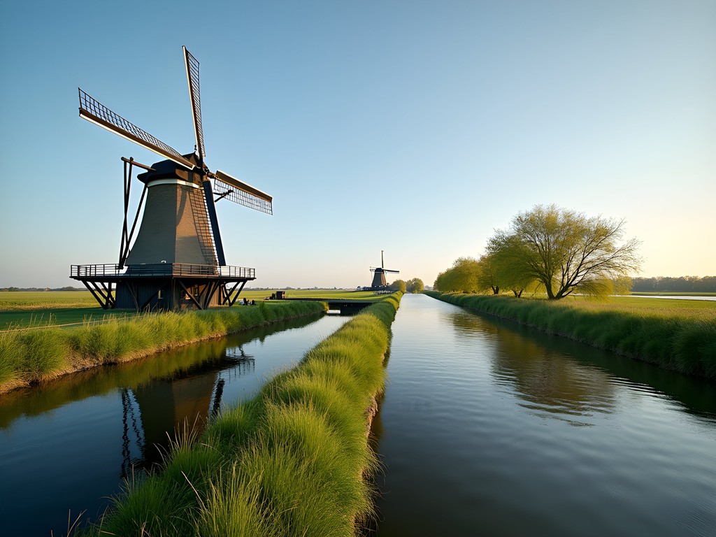 Split image showing traditional Kinderdijk windmill and modern Rotterdam water management