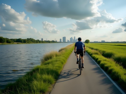 Cycling path along Nieuwe Maas river with Rotterdam skyline in distance