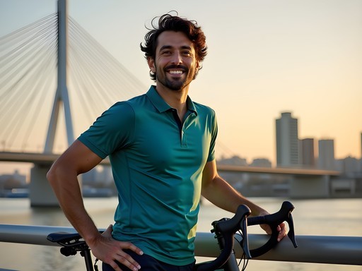 Traveler cycling across Erasmus Bridge in Rotterdam