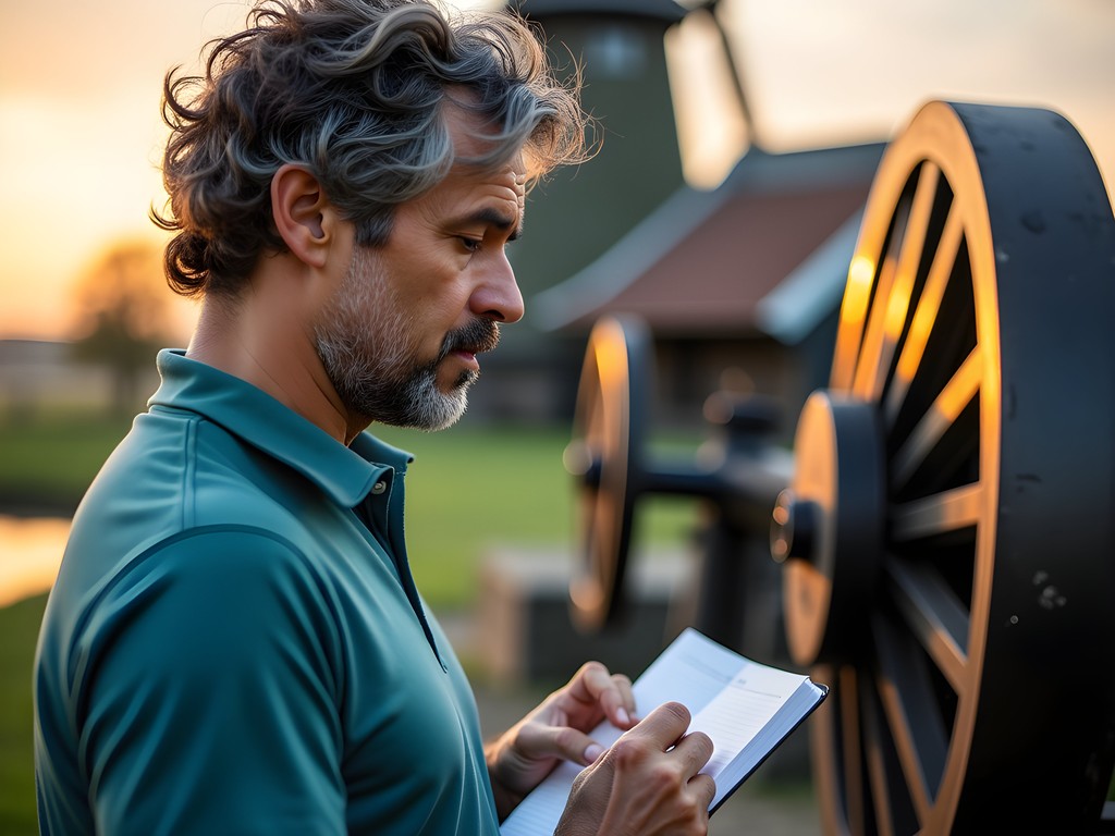 Traveler examining windmill mechanics at Kinderdijk
