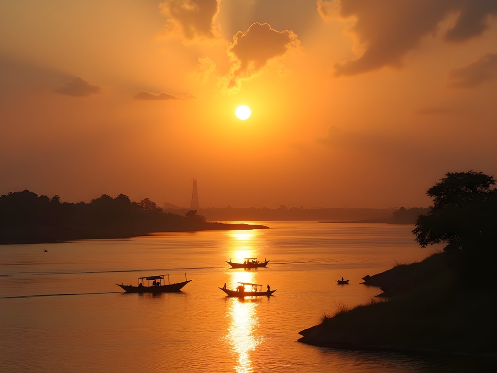 Sunset view from ferry crossing the Congo River between capital cities