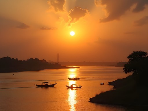 Sunset view from ferry crossing the Congo River between capital cities