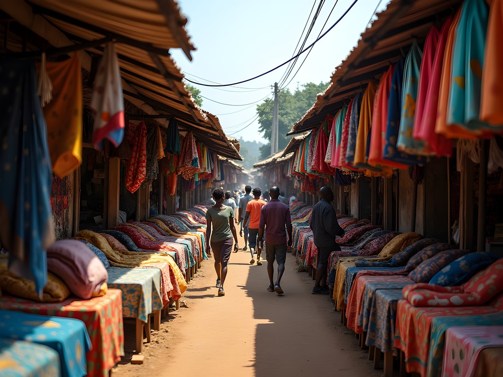 Vibrant market scene in Kinshasa with colorful fabrics and local vendors