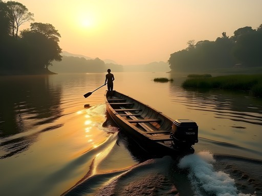 Traditional pirogue boat navigating between lush islands on the Congo River