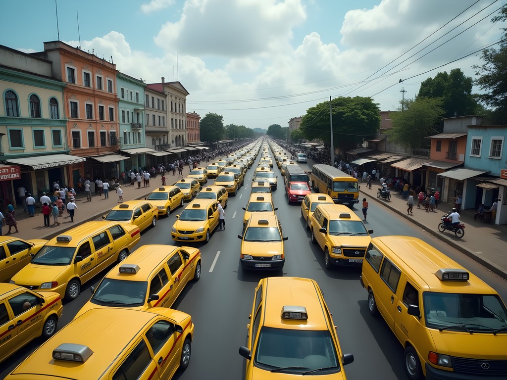 Yellow shared taxis and colorful minibuses navigating busy Kinshasa intersection