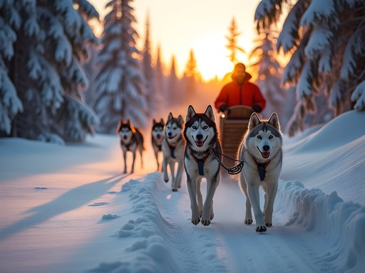 Dog sledding expedition through snow-covered pine forest in Kiruna