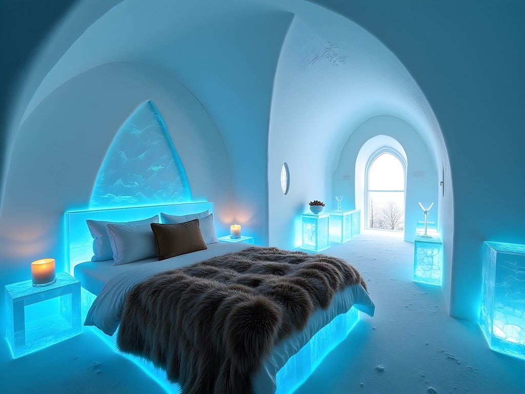 Luxurious ice art suite interior at ICEHOTEL Kiruna with ice sculptures and mood lighting