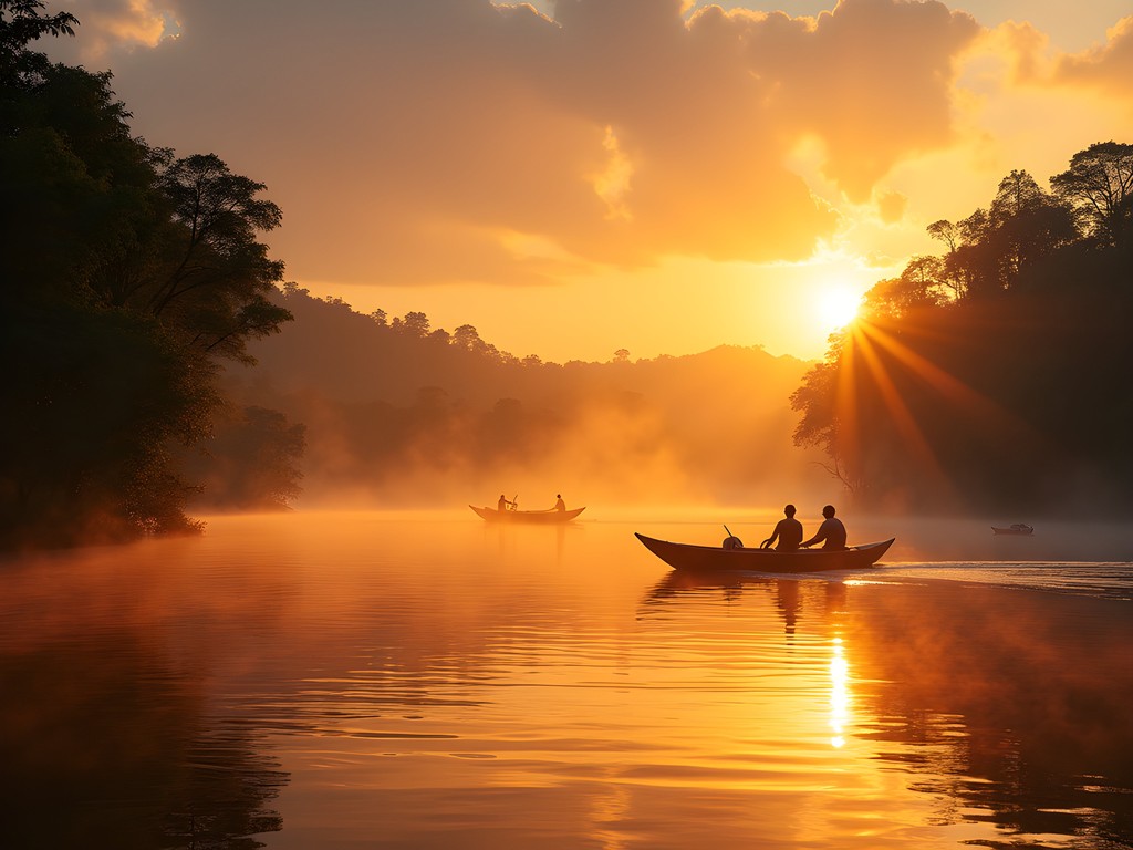 Misty sunrise over the Congo River with traditional boats silhouetted against the golden light