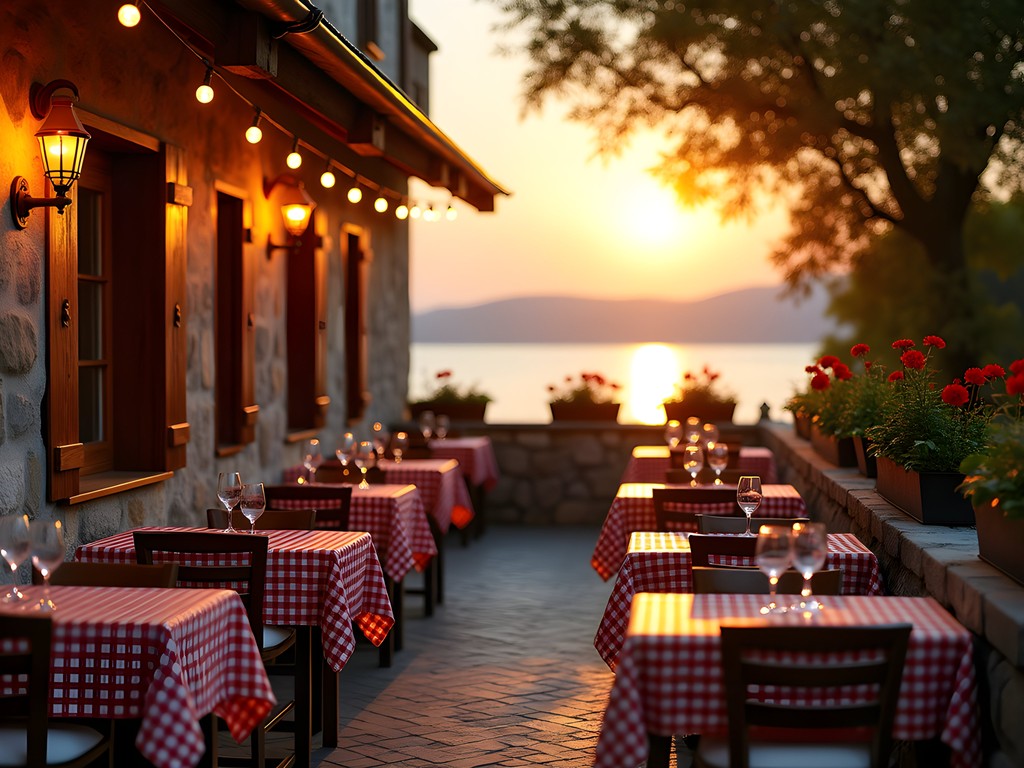 Charming guesthouse with garden terrace overlooking Lake Balaton at sunset