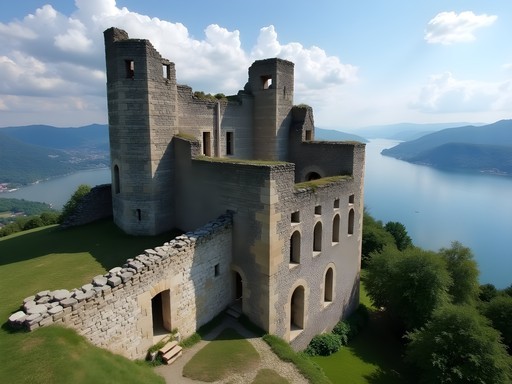 Ancient stone walls of Szigliget Castle with panoramic view of Lake Balaton