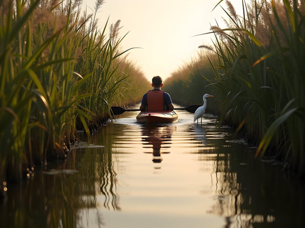 Woman kayaking through reed corridors in Kis-Balaton wetlands near Lake Balaton