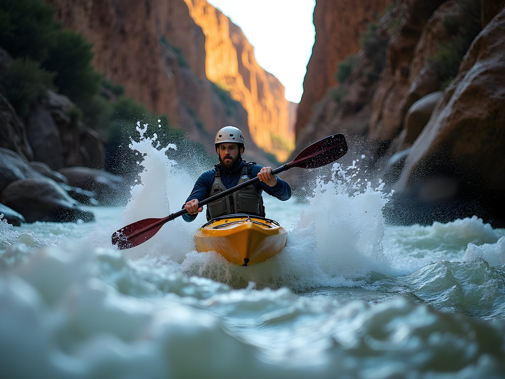 Whitewater kayaker navigating rapids in the Laramie River Canyon, Wyoming