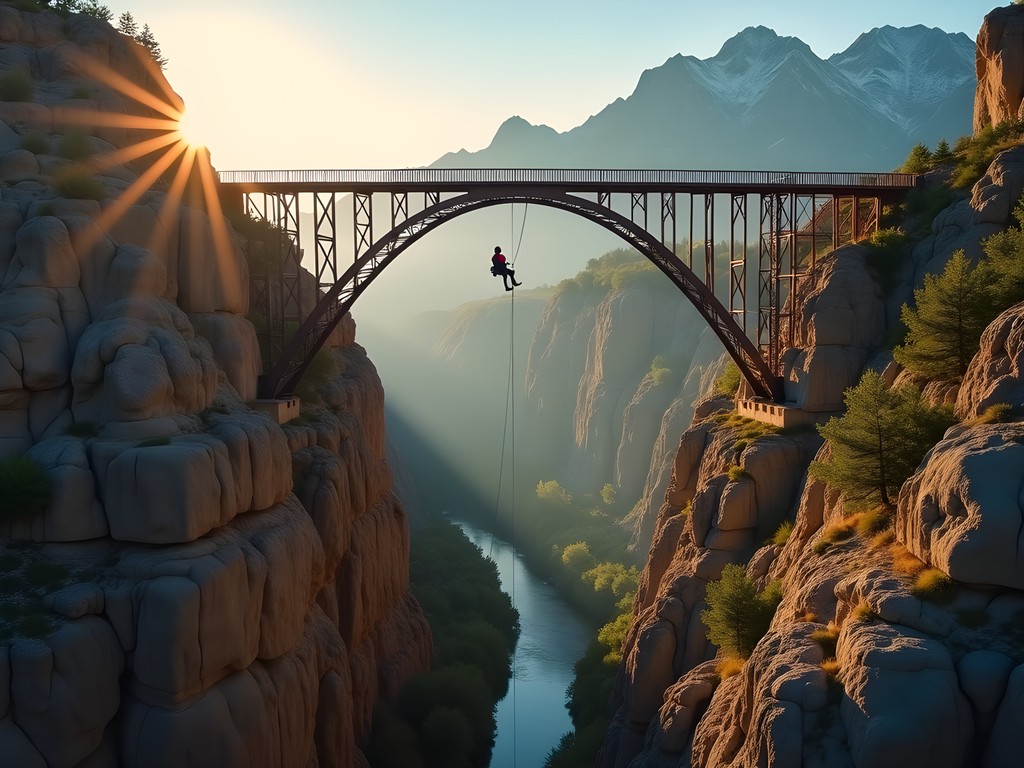 Solo traveler rappelling from Telephone Canyon Bridge in Laramie, Wyoming