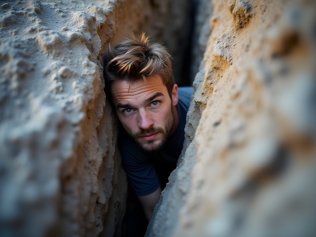 Rock climber tackling wide crack system in Vedauwoo's granite formations near Laramie, Wyoming