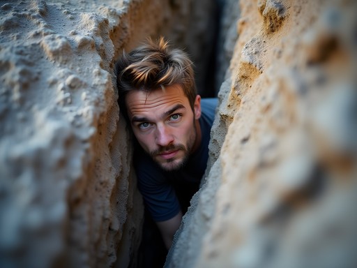 Rock climber tackling wide crack system in Vedauwoo's granite formations near Laramie, Wyoming