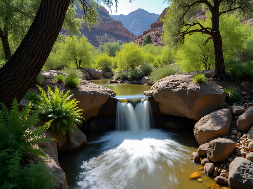 Small waterfall and lush vegetation at Dripping Springs Natural Area against desert backdrop
