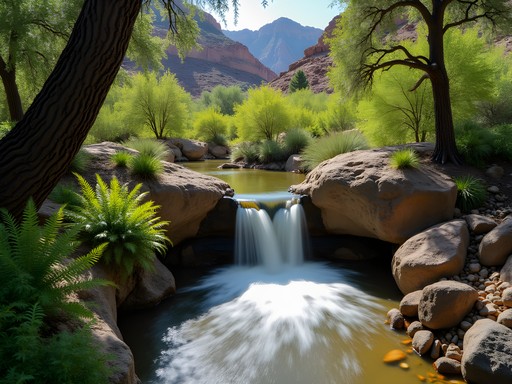 Small waterfall and lush vegetation at Dripping Springs Natural Area against desert backdrop
