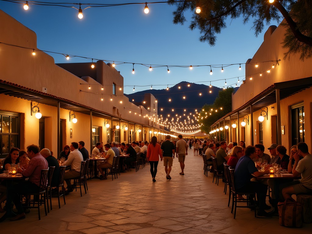Outdoor dining in historic Mesilla Plaza with adobe buildings and string lights at dusk