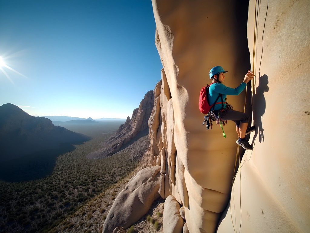 Rock climber scaling the granite face of the Rabbit Ears formation in the Organ Mountains