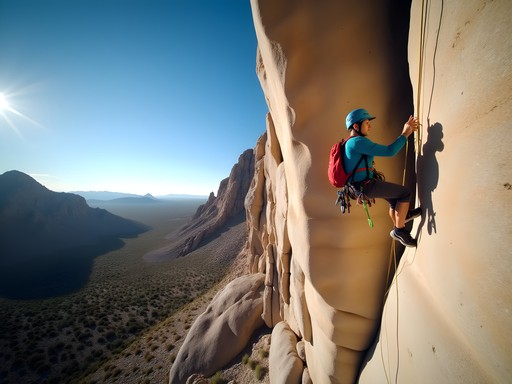 Rock climber scaling the granite face of the Rabbit Ears formation in the Organ Mountains