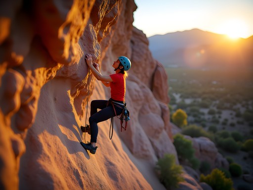 Rock climber on a sport route in Soledad Canyon with dramatic sunset lighting